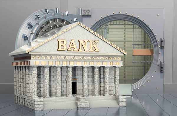 開かれた銀行の金庫室を持つ銀行の建物。財務カレンダーの概念 — ストック写真