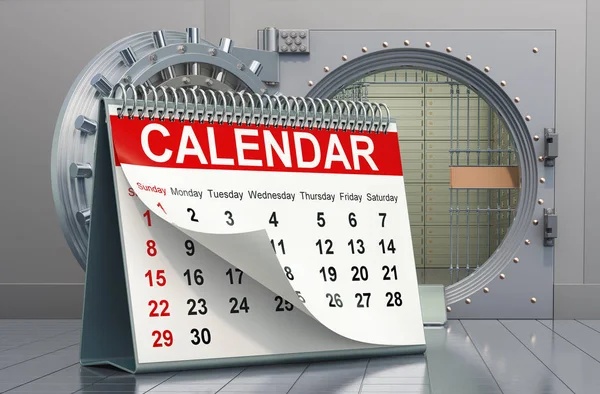 Desk calendar with opened bank vault. Financial calendar — Stock Photo, Image