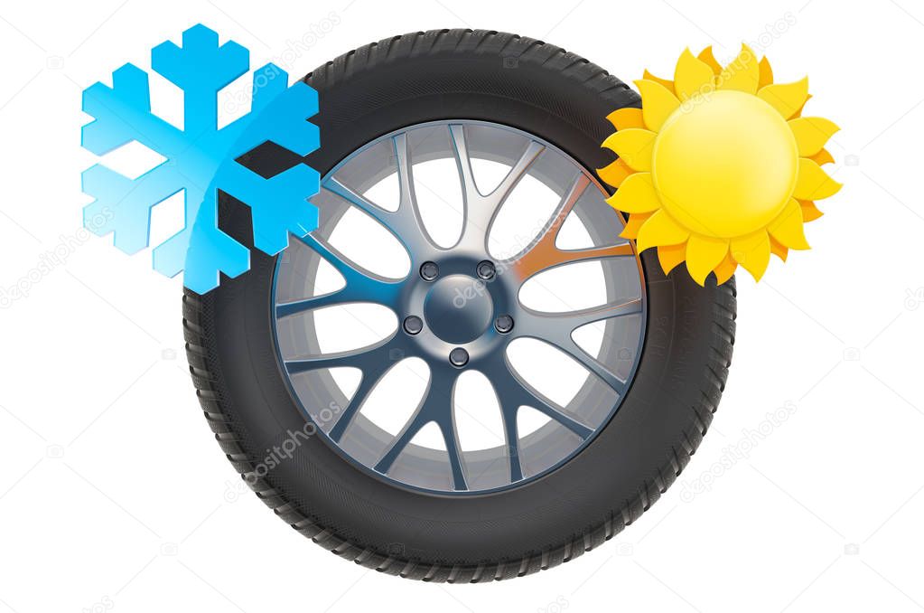 Car Wheel with sun and snowflake. Winter and summer tires