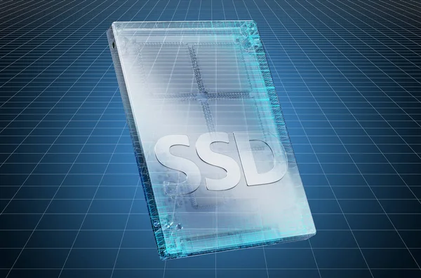 Visualisatie 3D CAD-model van Solid State Drive SSD, blauwdruk. — Stockfoto