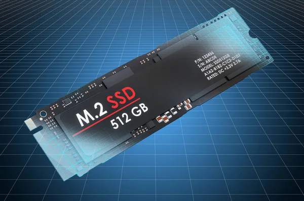 Visualization 3d cad model of M2 SSD, blueprint. 3D rendering