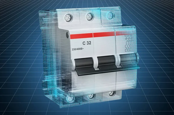 Visualization 3d cad model of three-pole miniature circuit breaker — Stock Photo, Image