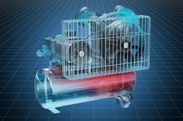 Visualisierung 3D Cad Modell des Tankluftkompressors, Blaupause — Stockfoto