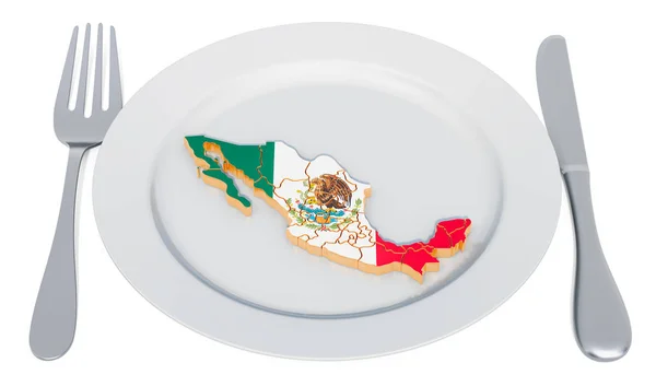Concepto de cocina mexicana. Placa con mapa de México. Renderizado 3D — Foto de Stock
