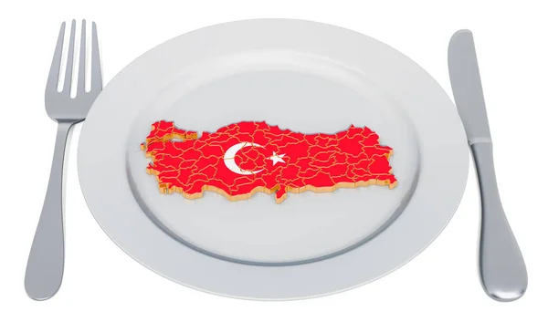 Konsep masakan Turki. Lempeng dengan peta Turki. Perender 3D — Stok Foto