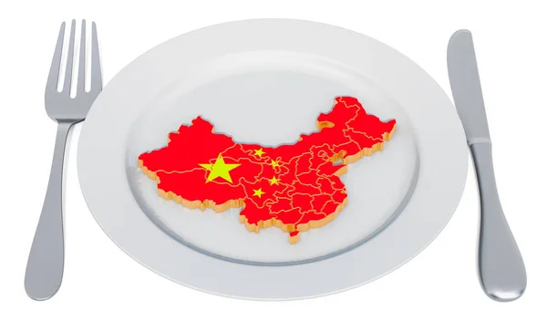Il concetto di cucina cinese. Piastra con mappa della Cina. Rendering 3D — Foto Stock
