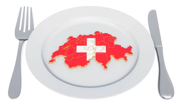 Swiss cuisine concept. Plate with map of Switzerland — Stock Photo, Image