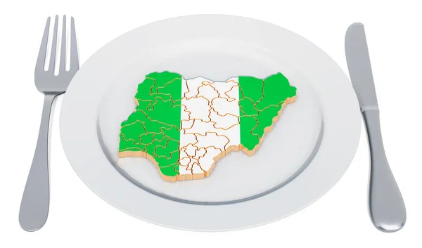 Koncepcja kuchni nigeryjskiej. Płyta z mapą Nigerii — Zdjęcie stockowe