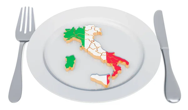 Konzept der italienischen Küche. Tafel mit Landkarte von Italien. 3D-Darstellung — Stockfoto