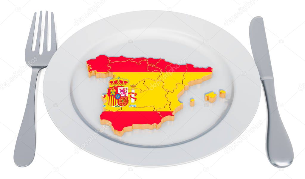 Spanish cuisine concept. Plate with map of Spain. 3D rendering