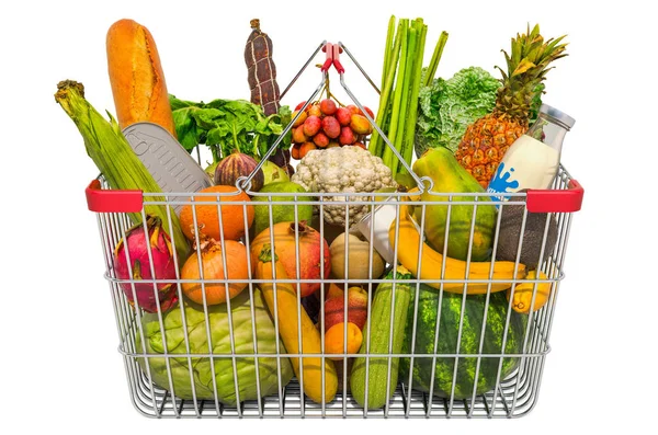 Nákupní košík s produkty, ovocem a zeleninou — Stock fotografie