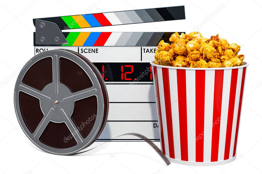 Cinema concept. Clapperboard and movie reels with popcorn