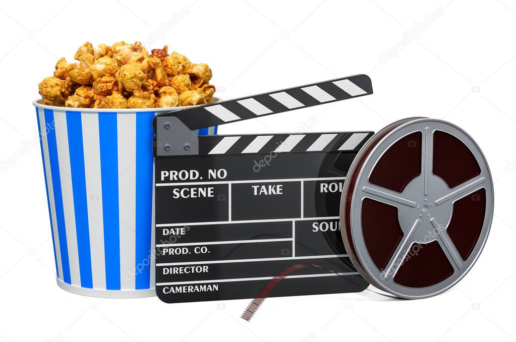 Clapperboard and movie reels with popcorn container