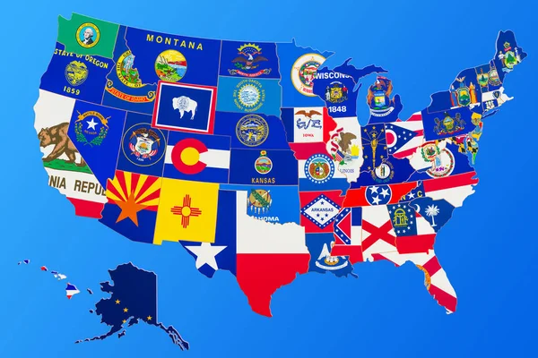 Carte des États-Unis d'Amérique avec drapeaux d'État sur fond bleu — Photo