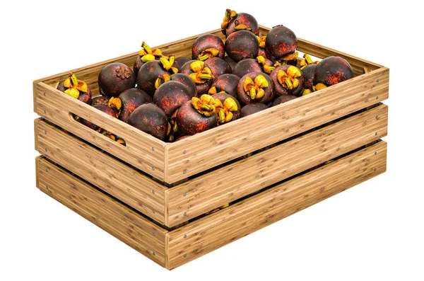 Frutas del mangostán en la caja de madera, representación 3D —  Fotos de Stock