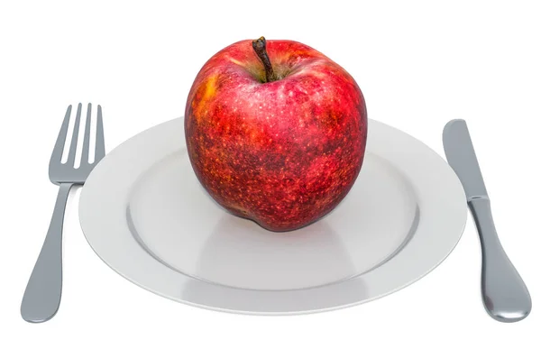 Appel op bord met vork en mes, 3d rendering — Stockfoto
