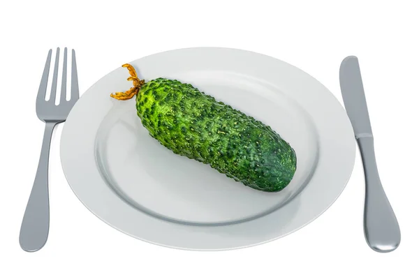 Fresh cucumber on plate with fork and knife, 3D rendering — Stock Photo, Image