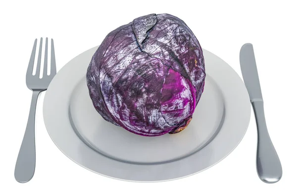 Świeża fioletowa kapusta na talerzu z widelcem i nożem, renderowanie 3D — Zdjęcie stockowe