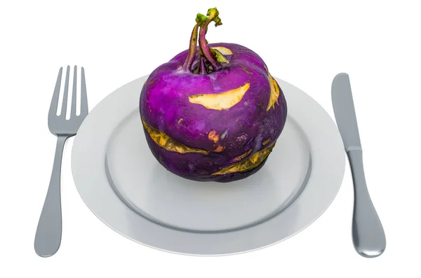 Kohlrabi roxo fresco na placa com garfo e faca, renderização 3D — Fotografia de Stock