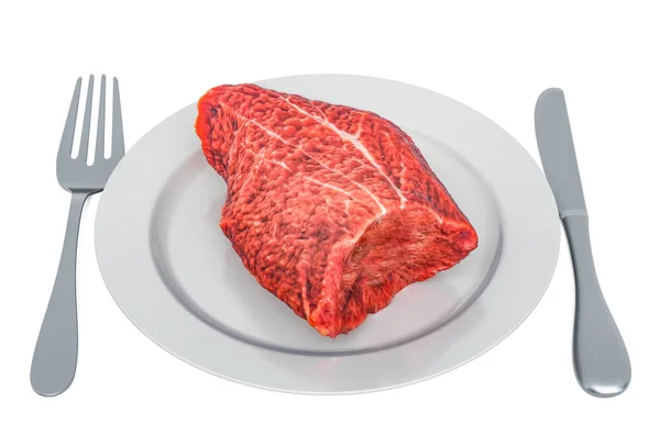 Carne crua na placa com garfo e faca, renderização 3D — Fotografia de Stock