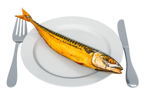 Rökt makrill, fisk på tallrik med gaffel och kniv, 3d-utsmältning — Stockfoto