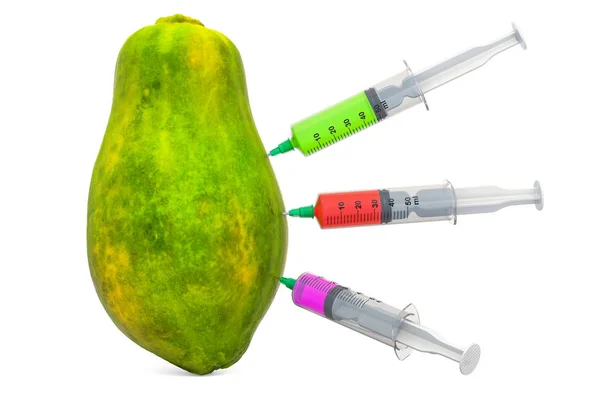 木瓜，注射器里装满了化学品 — 图库照片