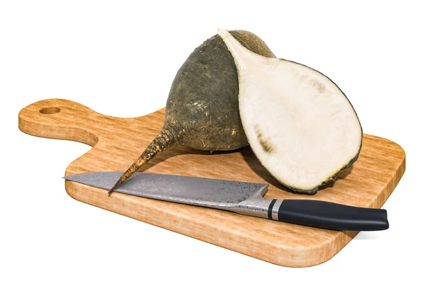 Negro rábano grande se encuentra en una tabla de madera junto a un cuchillo —  Fotos de Stock