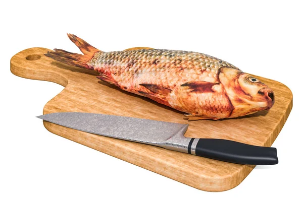 Karpfisk ligger på en träskiva bredvid en kniv, 3d rendering — Stockfoto