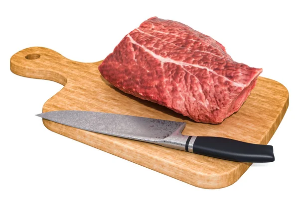 Carne fresca, carne de vaca está em uma tábua de madeira ao lado de uma faca — Fotografia de Stock