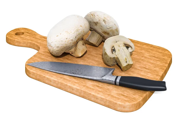 Champignon mushrooms lies on a wooden board next to a knife — Stock Photo, Image