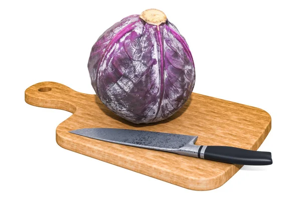 Taze mor lahana, tahta bir tahtanın üzerinde, bıçağın yanında yatıyor. — Stok fotoğraf