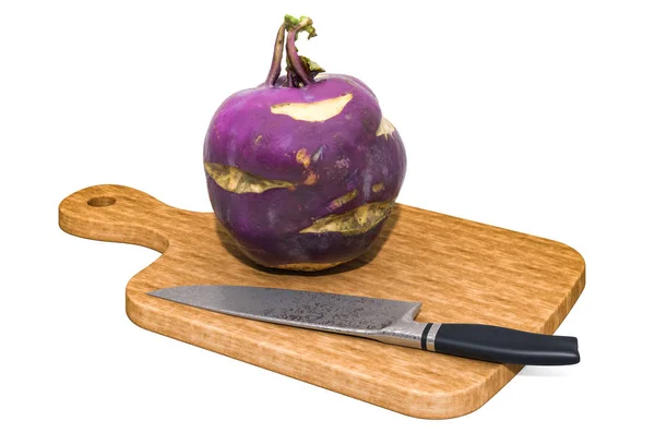 Purple Kohlrabi lies on a wooden board next to a knife — Stock Photo, Image