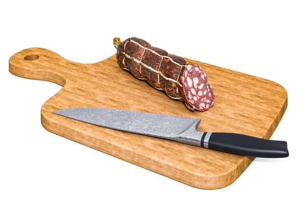 Суха ковбаса лежить на дерев'яній дошці поруч з ножем, 3D рендеринг — стокове фото