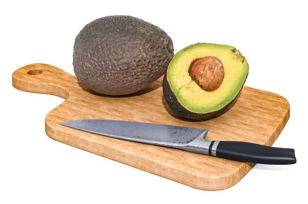 Aguacate se encuentra en una tabla de madera junto a un cuchillo, representación 3D —  Fotos de Stock