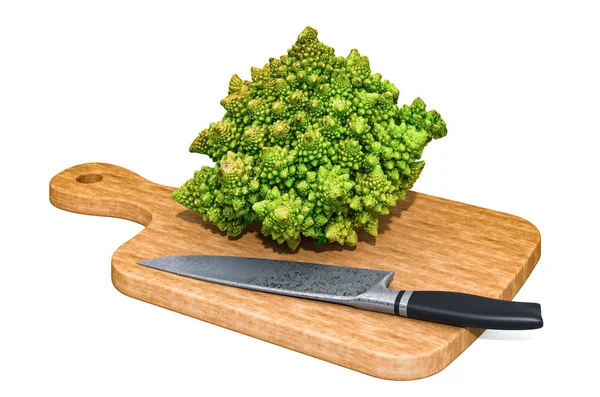 A Romanesco brokkoli egy fatáblán fekszik egy kés mellett. — Stock Fotó