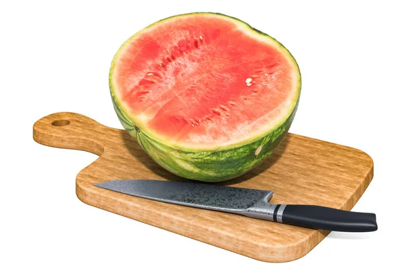 Watermelon lies on a wooden board next to a knife, 3D rendering — Stock Photo, Image