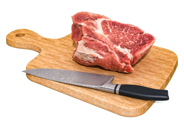 Raw meat, pork lies on a wooden board next to a knife Royalty Free Stock Images