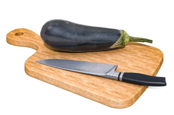 Berinjela encontra-se em uma placa de madeira ao lado de uma faca — Fotografia de Stock