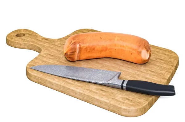 Sausage lies on a wooden board next to a knife, 3D rendering — Stock Photo, Image