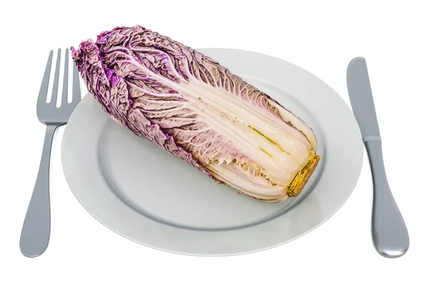 Friss lila napa káposzta tányéron villával és késsel — Stock Fotó