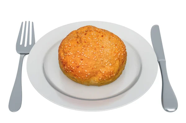 Hamburger zsemle tányéron villával és késsel, 3D-s renderelés — Stock Fotó