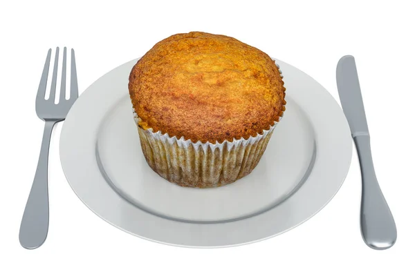 Cupcake sur plaque avec fourchette et couteau, rendu 3D — Photo