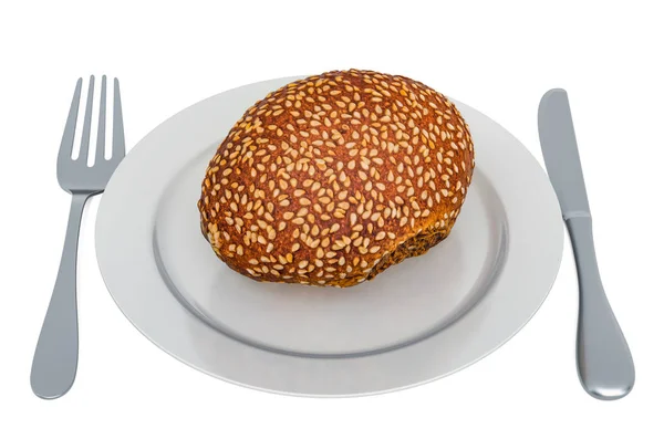 Rye bun with sesame or buckwheat bun on plate — Stock Photo, Image