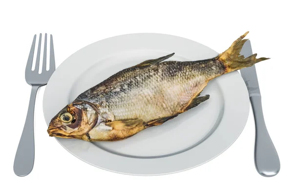 Saltig torkad fisk på tallrik med gaffel och kniv, 3d rendering — Stockfoto