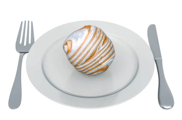 Zephyr, marshmallow na talíři s vidličkou a nožem, 3D provedení — Stock fotografie