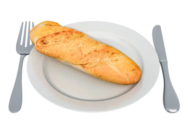 Mini baguette on plate with fork and knife, 3D rendering — Stock Photo, Image