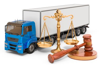 Truck with wooden gavel and scales of justice. 3D rendering isolated on white background clipart