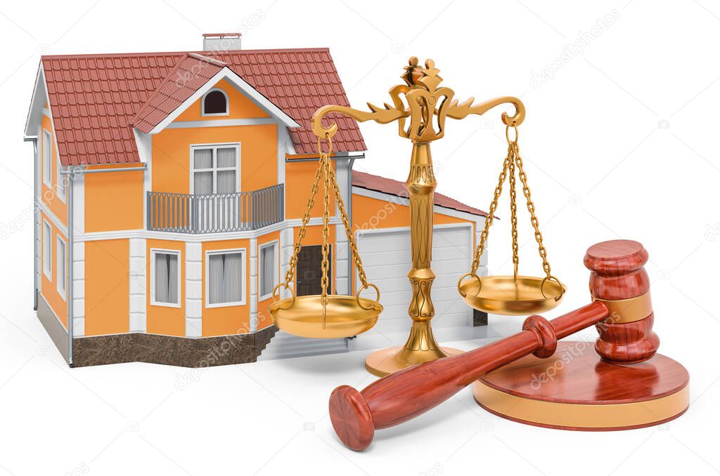 House with wooden gavel and scales of justice. 3D rendering isolated on white background