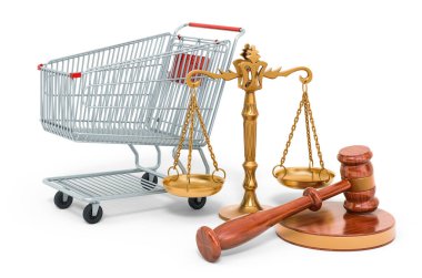 Tüketici koruması kavramı. Tahta tokmak ve adalet terazisi olan alışveriş arabası. Beyaz arkaplanda 3B görüntüleme izole edildi