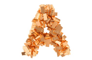 A harfi, altın külçelerden. Beyaz arkaplanda 3B görüntüleme izole edildi